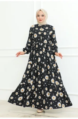 Hijab-Kleid Mit Gänseblümchenmuster 7118-01 Schwarz 7118-01