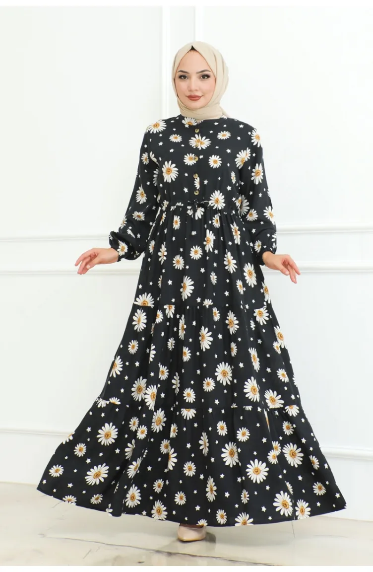Hijab-Kleid Mit Gänseblümchenmuster 7118-01 Schwarz 7118-01