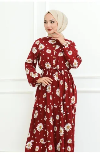 Hijab-Kleid Mit Gänseblümchenmuster 7118-03 Weinrot 7118-03