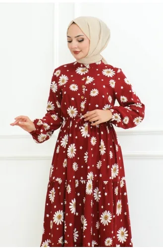 Hijab-Kleid Mit Gänseblümchenmuster 7118-03 Weinrot 7118-03