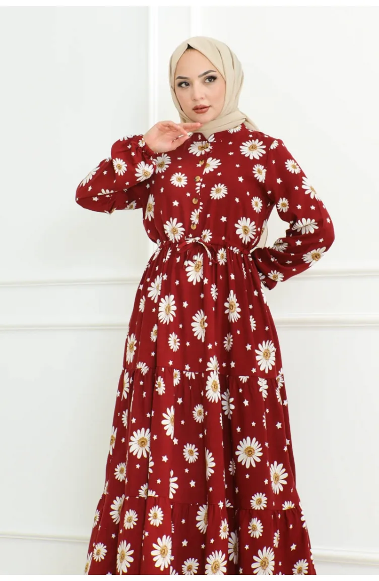 Hijab-Kleid Mit Gänseblümchenmuster 7118-03 Weinrot 7118-03