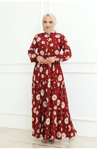 Hijab-Kleid Mit Gänseblümchenmuster 7118-03 Weinrot 7118-03