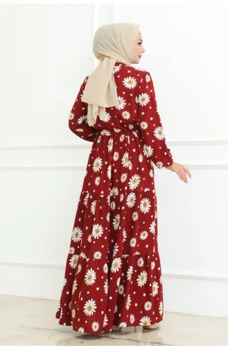 Hijab-Kleid Mit Gänseblümchenmuster 7118-03 Weinrot 7118-03
