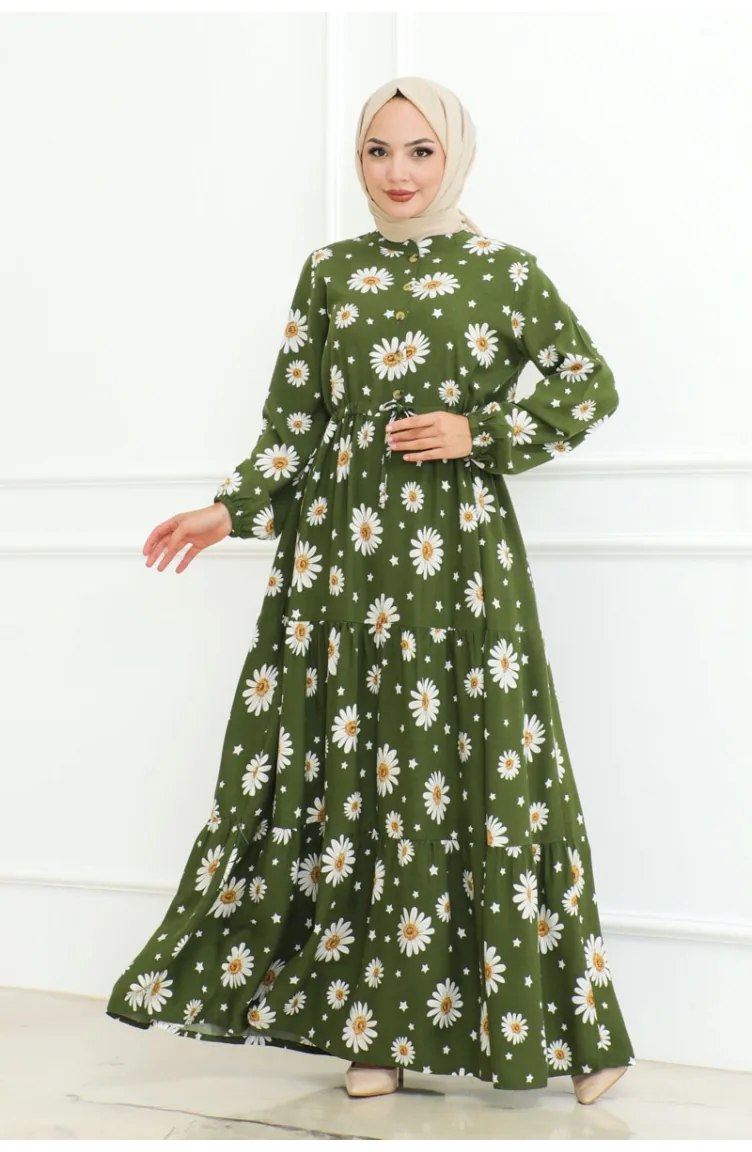 Hijab-Kleid Mit Gänseblümchenmuster 7118-06 Khaki 7118-06
