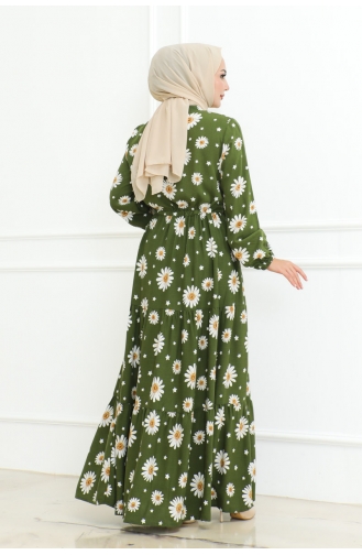 Robe Hijab à Motifs Marguerites 7118-06 Khaki 7118-06