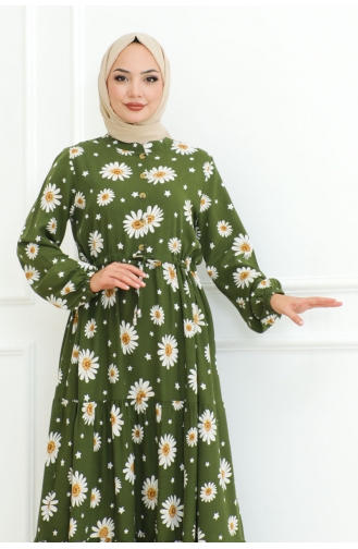 Robe Hijab à Motifs Marguerites 7118-06 Khaki 7118-06