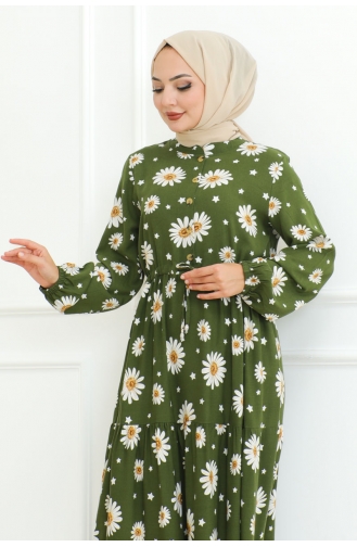 Robe Hijab à Motifs Marguerites 7118-06 Khaki 7118-06