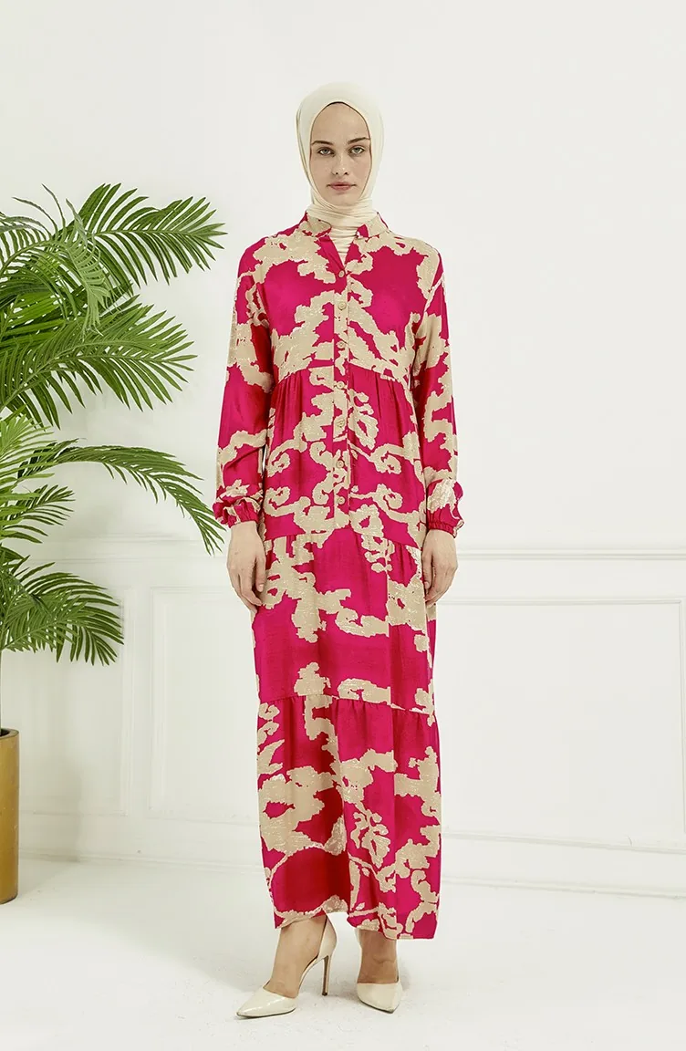 Robe Longue à Motifs 4099-01 Fuchsia 4099-01