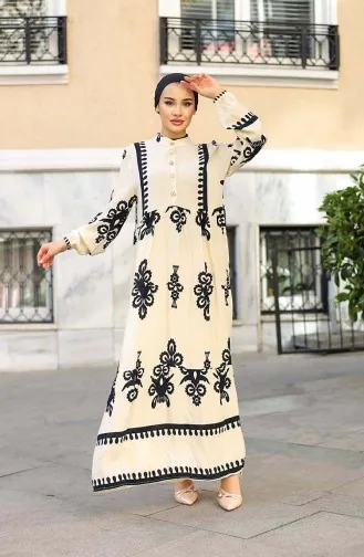 Çini Desen Elbise 4100-01 Ekru