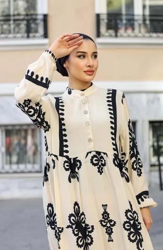 Çini Desen Elbise 4100-01 Ekru