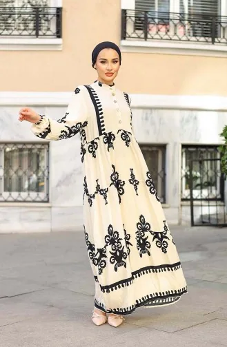 Çini Desen Elbise 4100-01 Ekru