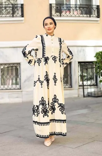 Çini Desen Elbise 4100-01 Ekru