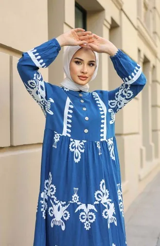Çini Desen Elbise 4100-03 İndigo