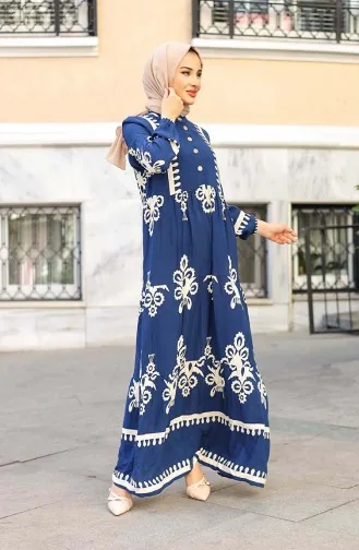 Jurk Met Tegelpatroon 4100-05 Marineblauw 4100-05