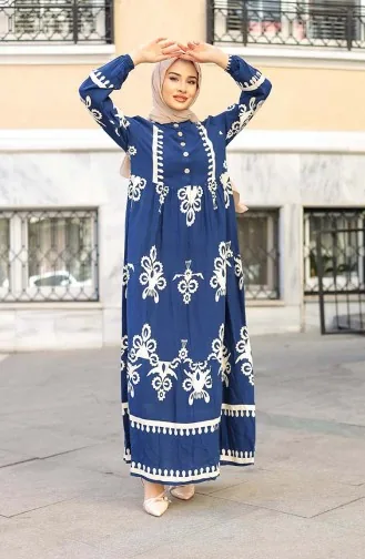 Jurk Met Tegelpatroon 4100-05 Marineblauw 4100-05