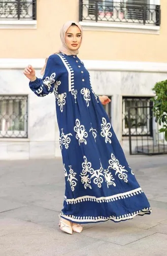 Jurk Met Tegelpatroon 4100-05 Marineblauw 4100-05