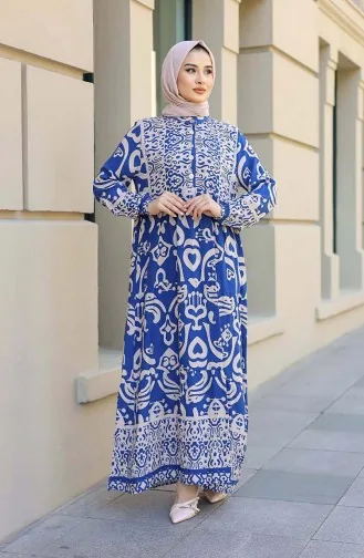Patterned Half Placket Dress 4101-01 Indigo 4101-01