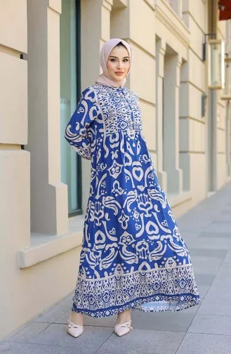 Patterned Half Placket Dress 4101-01 Indigo 4101-01