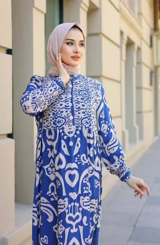 Patterned Half Placket Dress 4101-01 Indigo 4101-01