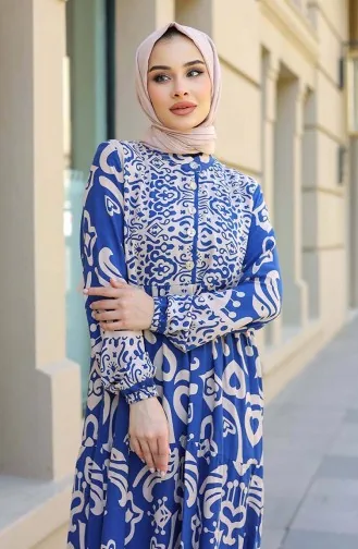 Patterned Half Placket Dress 4101-01 Indigo 4101-01