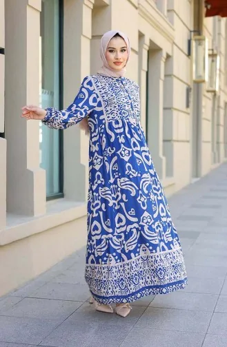 Patterned Half Placket Dress 4101-01 Indigo 4101-01
