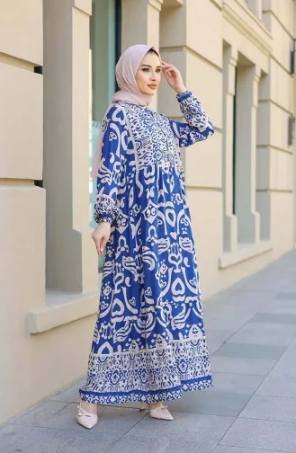 Patterned Half Placket Dress 4101-01 Indigo 4101-01