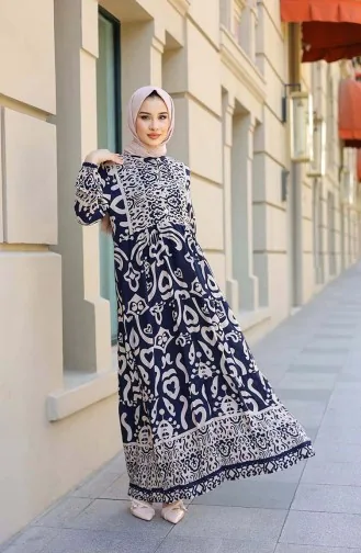 Patterned Half Placket Dress 4101-03 Navy Blue 4101-03