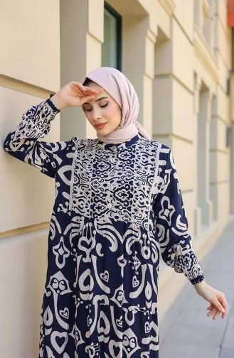 Patterned Half Placket Dress 4101-03 Navy Blue 4101-03