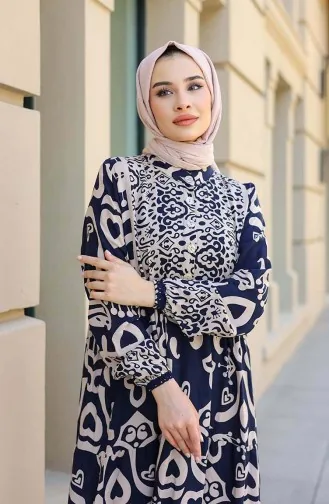 Patterned Half Placket Dress 4101-03 Navy Blue 4101-03