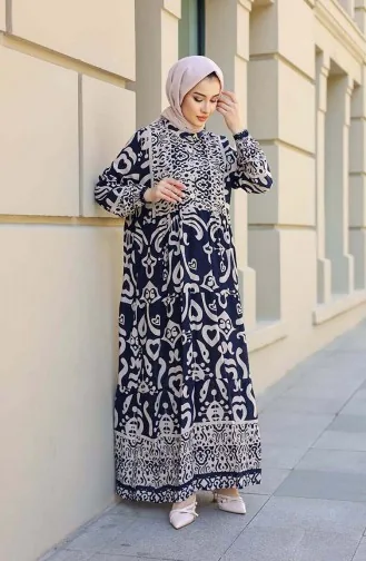 Patterned Half Placket Dress 4101-03 Navy Blue 4101-03