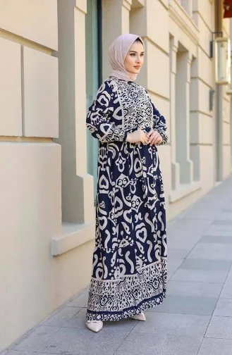Patterned Half Placket Dress 4101-03 Navy Blue 4101-03
