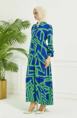 Geometrik Desen Elbise 4106-03 Mavi Yeşil