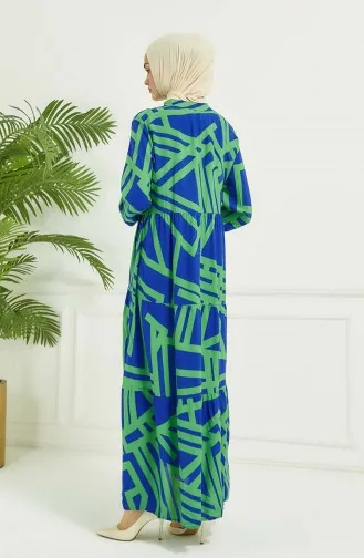 Geometrik Desen Elbise 4106-03 Mavi Yeşil