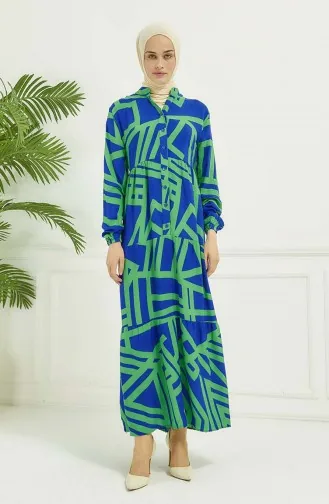 Geometrik Desen Elbise 4106-03 Mavi Yeşil