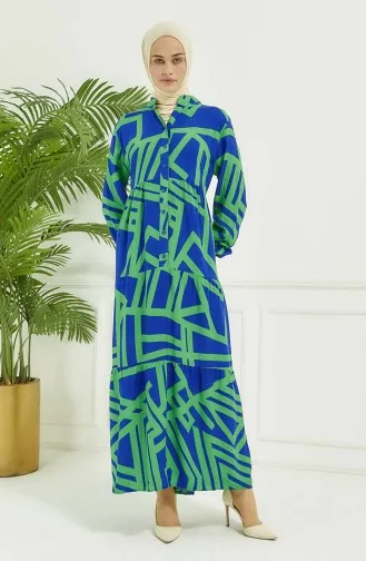 Geometrik Desen Elbise 4106-03 Mavi Yeşil