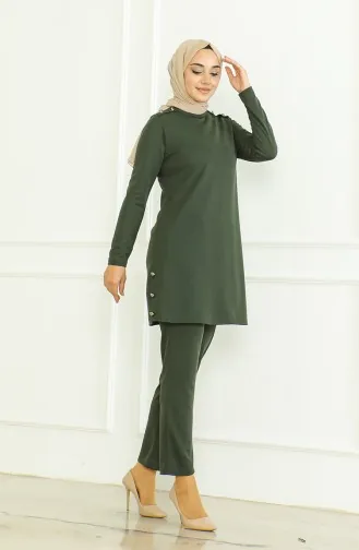 طقم ثنائي تونيك بأزرار بنطلون 8025-04 أخضر عسكري 8025-04