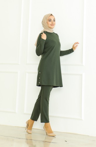 طقم ثنائي تونيك بأزرار بنطلون 8025-04 أخضر عسكري 8025-04