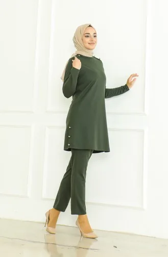 طقم ثنائي تونيك بأزرار بنطلون 8025-04 أخضر عسكري 8025-04