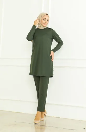 طقم ثنائي تونيك بأزرار بنطلون 8025-04 أخضر عسكري 8025-04