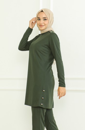 طقم ثنائي تونيك بأزرار بنطلون 8025-04 أخضر عسكري 8025-04