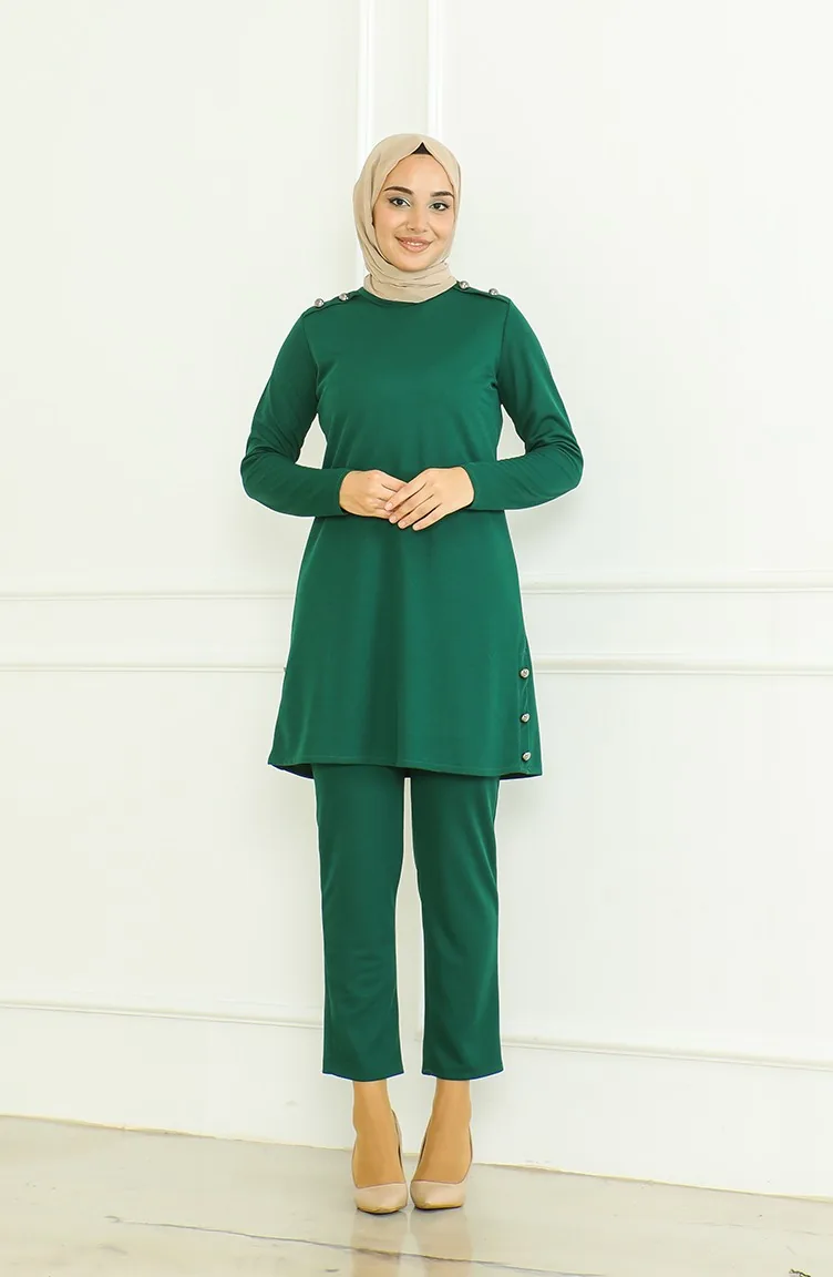 طقم ثنائي تونيك بأزرار بنطلون 8025-05 أخضر زمردي 8025-05