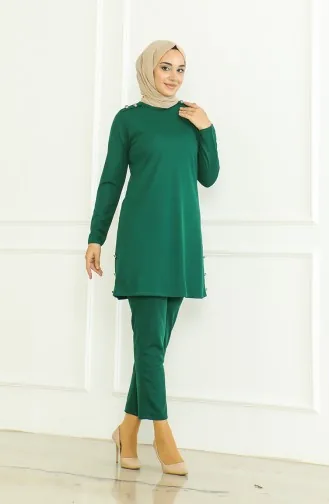 طقم ثنائي تونيك بأزرار بنطلون 8025-05 أخضر زمردي 8025-05