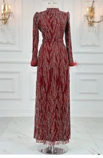Amine Hüma Lidya Robe De Soirée Hijab Rouge Claret 3293