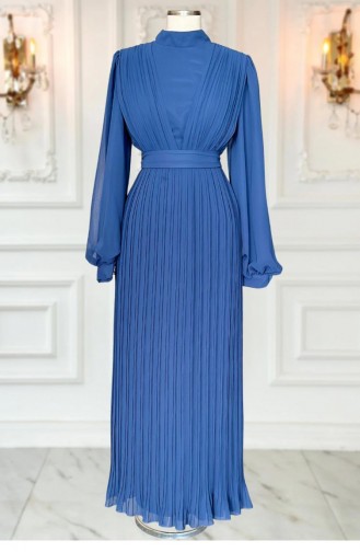 Amine Hüma Robe De Soirée Hijab Plissée Alina Indigo 3298