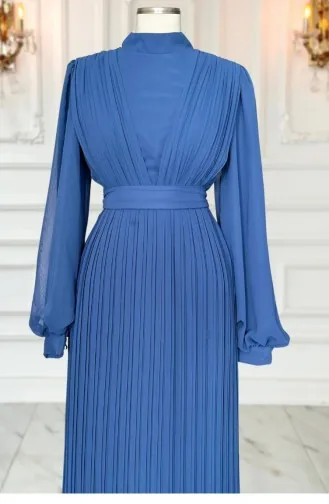 Amine Hüma Robe De Soirée Hijab Plissée Alina Indigo 3298