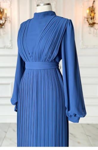Amine Hüma Robe De Soirée Hijab Plissée Alina Indigo 3298