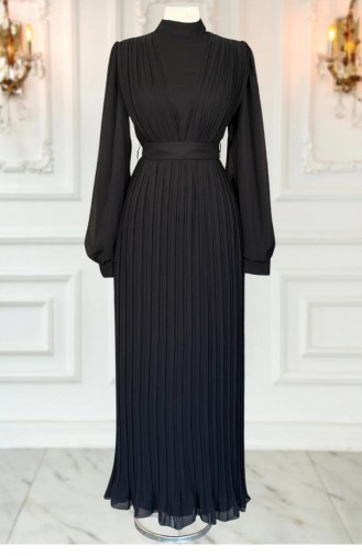 Amine Hüma Alina Robe De Soirée Hijab Plissée Noir 3300