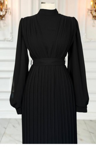 Amine Hüma Alina Robe De Soirée Hijab Plissée Noir 3300