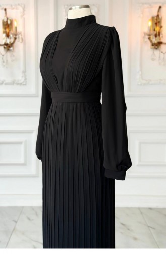 Amine Hüma Alina Robe De Soirée Hijab Plissée Noir 3300