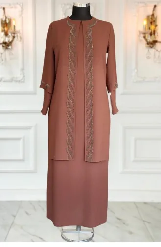 Amine Hüma Robe De Soirée Pierre De Cristal Marron 3305
